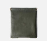 Front facing view of the Olive Green Muse Clutch bag for women, highlighting the premium grain of the leather and its unique handcrafted finish.