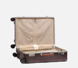 Wingman cacao brown hardshell luggage open interior with organized packing compartments, compression straps & spacious capacity