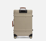 Desert sand Wingman check-in luggage bag back view with smooth gliding spinner wheels and durable trolley construction.