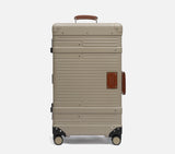 Wingman trunk premium sand hardshell suitcase and luggage. A durable travel trunk for business travel with a spinner wheel set
