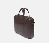 Hudson Coffee Leather Laptop Bag Perspective Angle Reveals Padded Compartment and Slip Pockets for Laptop, Phones and Documents.