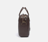 Coffee Brown Hudson Laptop Bag Angle View Showing Dual Zipper Pockets Herringbone Lining Professional Everyday Carry Bag
