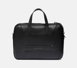 Hudson Coffee Leather Laptop Bag Perspective Angle Reveals Padded Compartment and Slip Pockets for Laptop, Phones and Documents.