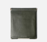 Olive green leather clutch bag for women by Nappa Dori featuring grain texture and structured gold metal accents.