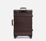 Cacao brown hardshell suitcase back view with premium leather details wheeled travel bag for international flights