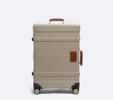 Desert sand hardshell spinner suitcase 28 inch with aluminum frame TSA approved lock for business travel professionals.